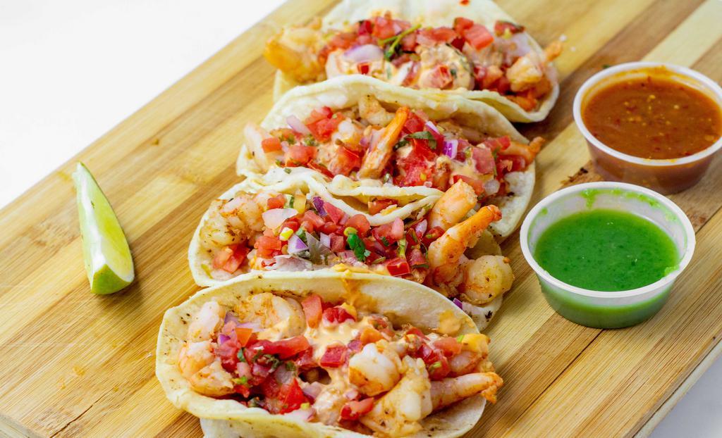 4 Shrimp Tacos · Pico de gallo and chipotle aioli.