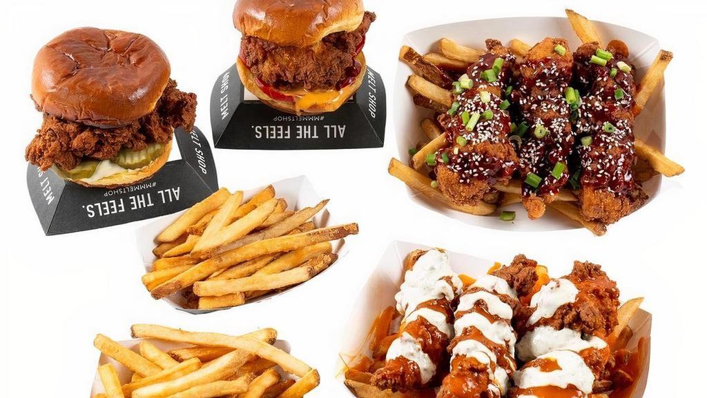 Bracket Bundle · Our NCAA Special - 2 Choice 3pc Saucy Tender Baskets, 2 Choice Chicken On A Buns, 2 Choice Fries (Naked or Herb Parmesan) & 2 Sauces!.