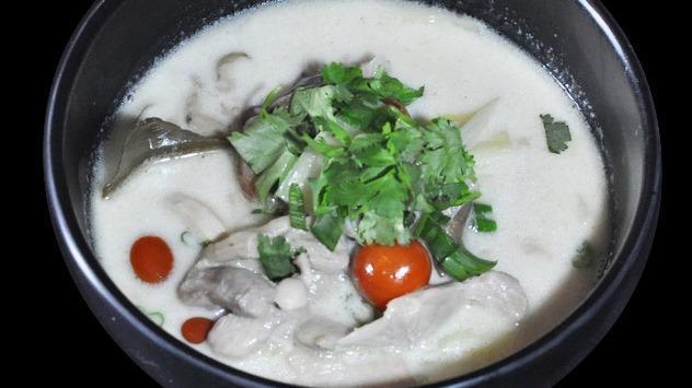 Tom Kha · Mushroom, lemongrass, tomato, galangal, coconut broth. No fish sauce, no soy sauce.