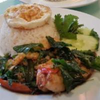 Pad Kra Prao · Wok stir-fried minced chicken or pork, Thai basil, garlic, and chili with Thai basil sauce. ...