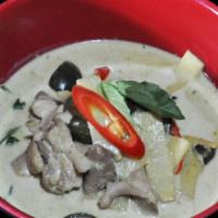 Gang Keaw Whan · Green curry paste with coconut milk broth, bamboo shoot, holy basil, Thai eggplant. No soy s...
