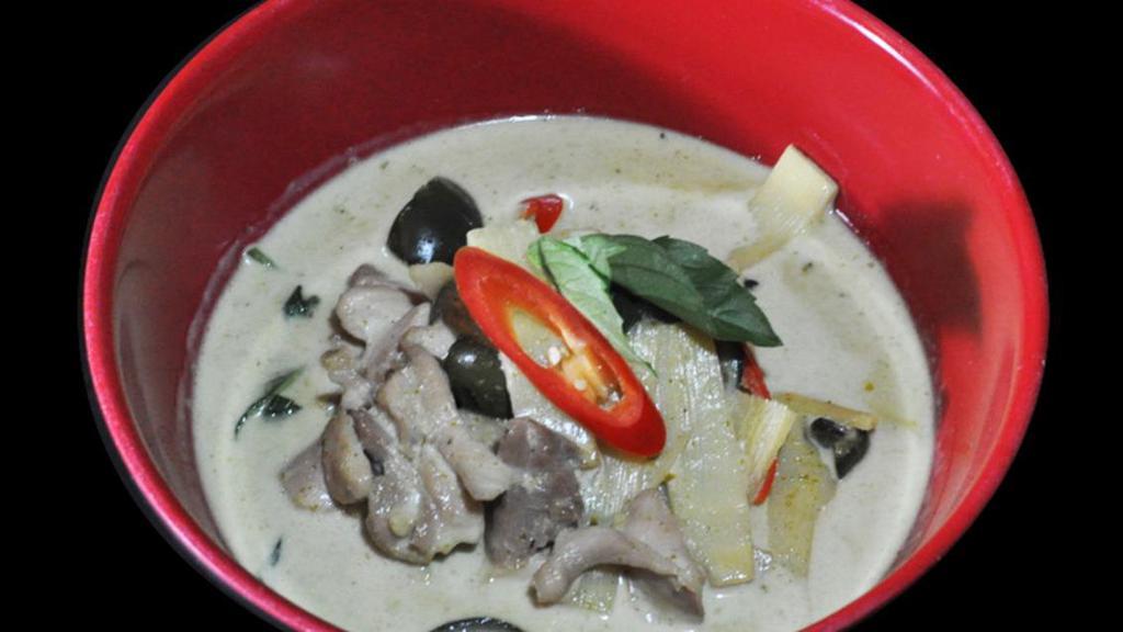 Gang Keaw Whan · Green curry paste with coconut milk broth, bamboo shoot, holy basil, Thai eggplant. No soy sauce.