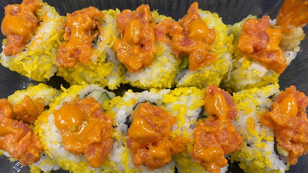 Tiger Maki · Shrimp Tempura, Avacado, Cucumber, Unagi Sauce, Mayo and Spicy Ahi on Top