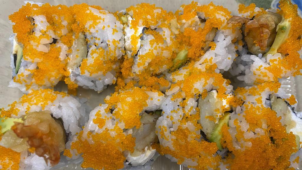 Fuji Maki · Shrimp Tempura, Cream Cheese. Avacado and Tobikko