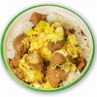 Chicken With Egg · Chicken stir-fried with 2 eggs, green onion, and shiitake mushroom over white rice