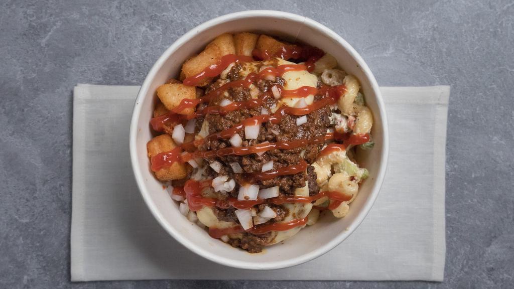 The Og Bowl · Tap in Rochesterians, you might know where we’re going with the OG Bowl. This bowl of crispy home fries and creamy mac salad is topped with smashed beef cheeseburgers and covered in a robust beef hot sauce. For toppings, “everything” includes ketchup, mustard, hot sauce, and onion.