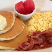 Pancakes Platter · 2 pancakes, 2 eggs, bacon or ham or sausage.