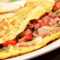 Catch A Vibe Omelet · 3 eggs, ham, onions, green, and red pepper.