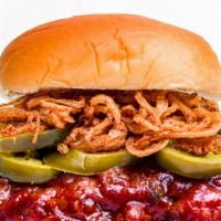 Bbq Chicken Sandwich · Topped with jack cheese, crispy shallots, and pickled jalapenos. Served on a Martin's potato...