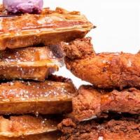 Vegetarian Classic Chicken & Waffles · 4 vegetarian fried chicken tenders paired with a whole waffle. Served with hot sauce, maple ...
