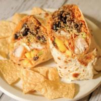Baja Fish Burrito · Beer-battered fried fish, spicy slaw, mango salsa, our special sauce.