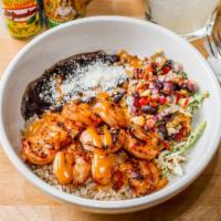 Shrimp Bowl · Grilled marinated shrimp, black bean & corn salsa, Jack and cheddar cheese, creamy slaw, and...