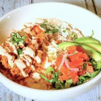 Fried Chicken Bowl · Fried chicken, bacon, avocado, Jack and cheddar cheese, spicy pico de gallo, chipotle-butter...