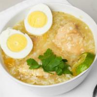 Arroz Caldo · Sticky rice soup served with chicken, ginger and green onions.