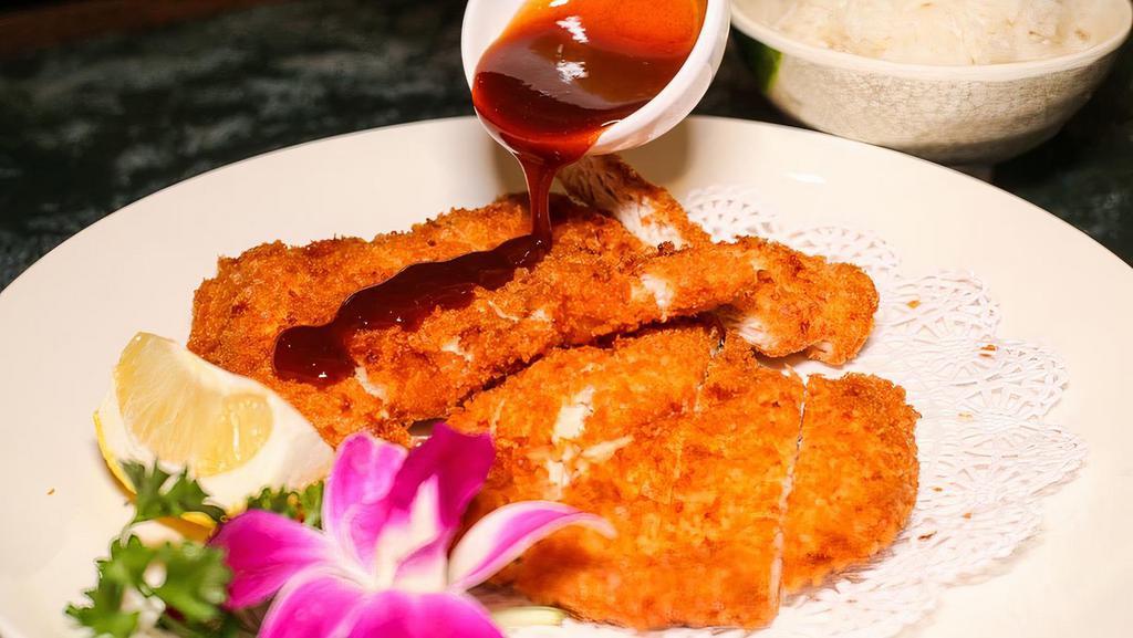 Chicken Katsu (Chicken Cutlet) · Served with soup, salad, and steamed rice.