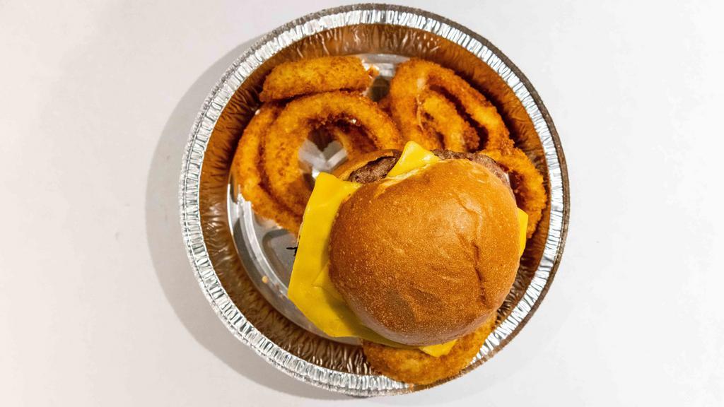 Cheeseburger Deluxe · Made with 100% beef and served with choice of cheese. Served with lettuce, tomatoes and choice of French fries or onion rings.