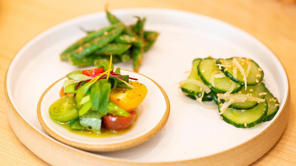 Yasai Trio · Sugar snap with tomato with basil olive oil, String beans with sesame sauce.<br />