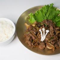 Beef Bulgogi · thinly sliced rib eye beef barbecue with a bowl of rice