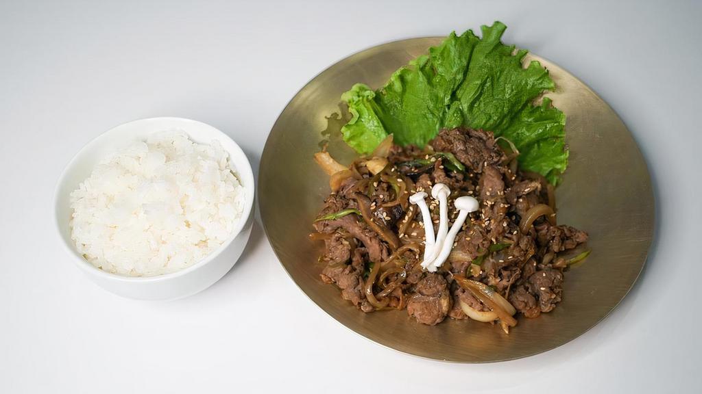 Beef Bulgogi · thinly sliced rib eye beef barbecue with a bowl of rice