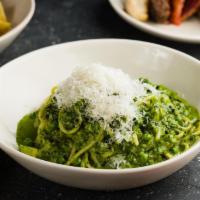Pesto Pasta · Pumpkin Seed Pesto (Nut Free), Spaghetti, Peas, Zucchini, Snap Peas, Kale, Cream & Parmesan ...