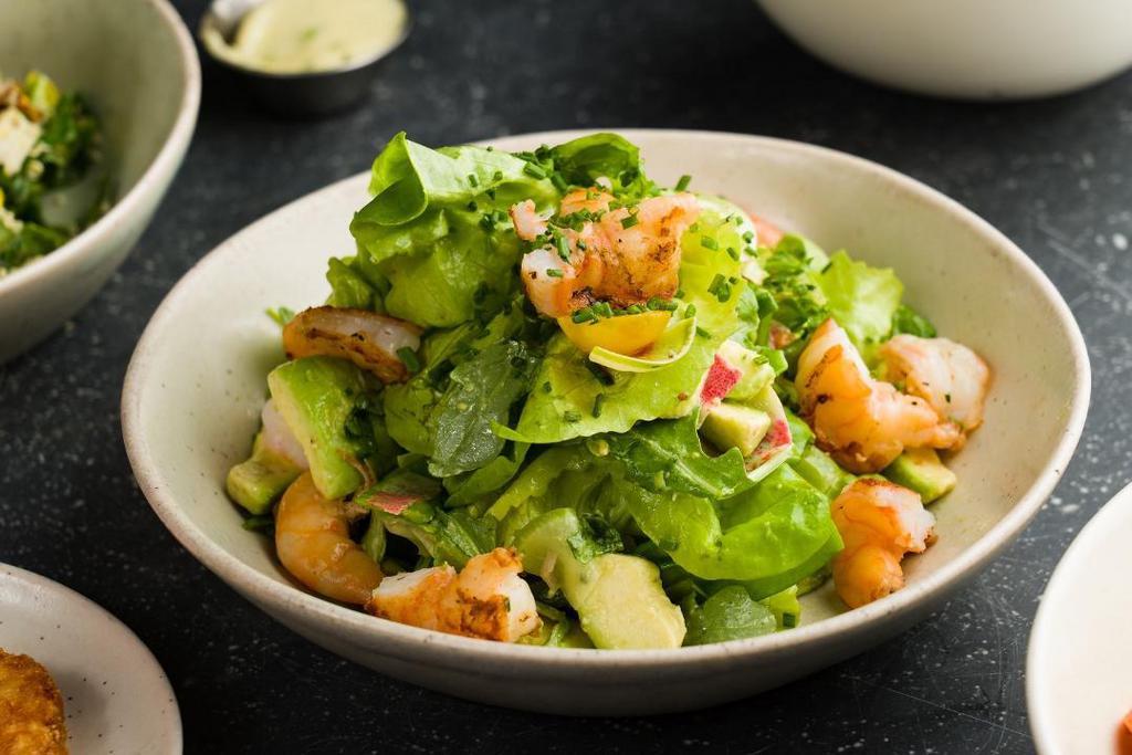 Shrimp Avocado · Grilled Shrimp, Cherry Tomatoes, Watermelon Radish, Snow Peas, Bibb Lettuce, Arugula, Chives & Mustard Cider-Vinaigrette.