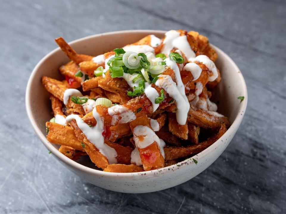 Sweet Potato Fries · Sweet Potato Fries, Served With Sweet Chilli Sauce, Sour Cream & Scallions. (Sauces on Side)