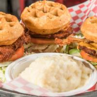 Chicken & Waffles Sliders (2) · Fried chicken, bacon, lettuce, tomatoes with a side of maple syrup. Available grilled. (2)