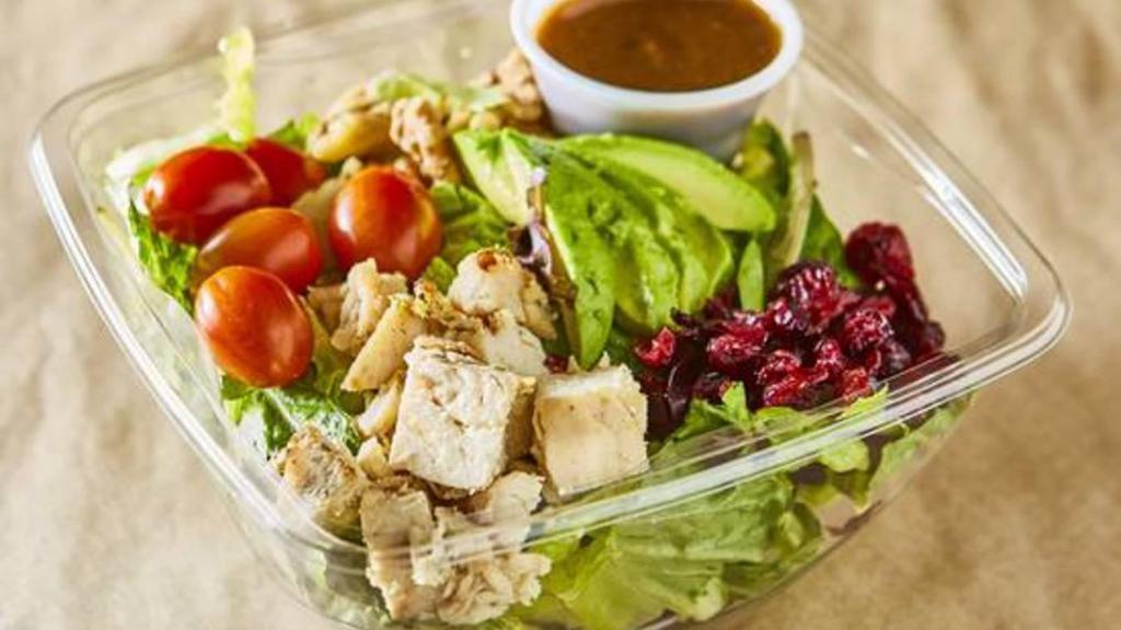 Hearty Chicken Avocado Salad · Mixed greens tossed with diced grilled chicken, creamy avocado, dried cranberries, and walnuts.  Served with H&H vinaigrette. (Salad-540 calories, Dressing 370 calories for 2 fl oz)
