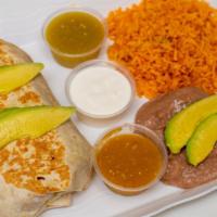 Bistec Burrito · Grilled Steak, Flour Tortilla Topped with Refried Beans Lettuce, Oaxaca Cheese, Avocado, and...