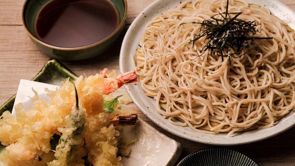 Ten Zaru · Cold noodles with crispy shrimp tempura and shishito tempura