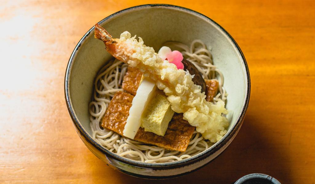 Chirashi Cold Noodle · Shrimp Tempura, Japanese Omelette, Shiitake Mushroom, Fried Bean Curd & Fish Cake