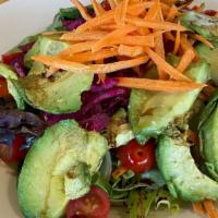 Avocado Salad · Lettuce, red cabbage, cherry tomatoes and carrots and topped with fresh avocado.