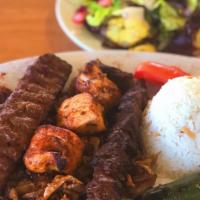 Zara Mix Grill · A mix plate of Adana kebab, beef shish kebab, gyro, chicken shish kebab, kofte.