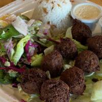 Falafel Dinner Plate · Chickpeas, celery, parsley, onion, cumin, black pepper and salt, deep-fried. Served with ric...