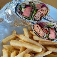 Chicken Adana Wrap · Grilled ground chicken with lettuce, tomatoes and onions.