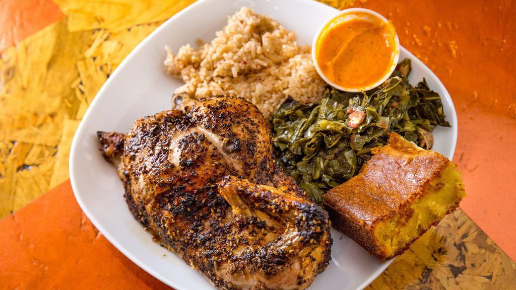 Combo #2 · Half chicken, your choice of two sides, dipping sauce, and homemade cornbread.