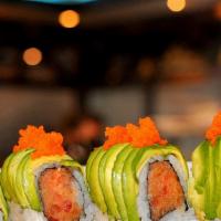 Godzilla Roll · Spicy tuna and crunchies topped generously with avocado in a spicy creamy sauce. Consuming r...