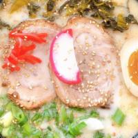 Hakata Tonkotsu Ramen · 2 pieces of Charsiu, Fish cake, Egg, Pickled cabbage, Green onion, Sesame seed