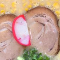 Butter Corn Ramen · Shio. Two pieces charsiu, fish cake, corn, butter, bamboo, wood ear mushroom and scallion.