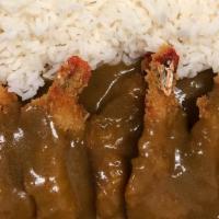 Shrimp Katsu Curry Rice Plate · Seven pieces of breaded fried shrimp with curry sauce.