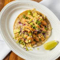 Baja Shrimp Taco · Sauteed with garlic sofrito, topped with cabbage slaw, chipotle mayo & scallion. Gluten Free...