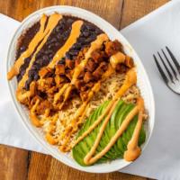 Vegan Bowl · Seitan chorizo, beans, avocado & pico de gallo over rice, topped with chipotle mayo. Vegan. ...