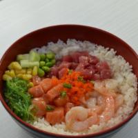 Aloha Favorite · Salmon, tuna, shrimp, cucumber, corn, edamame, cilantro, seaweed salad, scallion, ginger, ma...