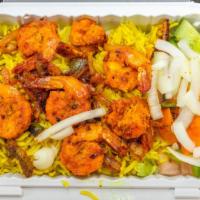 Fish And Shrimp Combo Over Rice · 