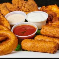 Rockwells Combo Platter · Buffalo wings, chicken fingers, fried cheese, and onion rings served with marinara, blue che...