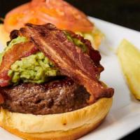 California Burger · Served with bacon, guacamole, lettuce, and tomato. Served with a pickle spear and choice of ...