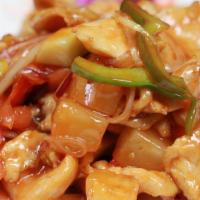 Sweet & Sour Thai Style · Sauteed with tomatoes, cucumbers, pineapple, onion, and bell pepper. Served with steamed jas...