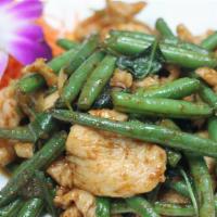 String Bean Basil · Stir fried with string beans, scallions, basil, and spicy chili paste. Served with steamed j...