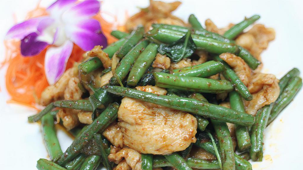 String Bean Basil · Stir fried with string beans, scallions, basil, and spicy chili paste. Served with steamed jasmine rice. Spicy.