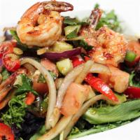 Grilled Shrimp Salad · Grilled shrimp with mixed greens, tomatoes, bell pepper, cucumber, onion, thai herbs, and ch...
